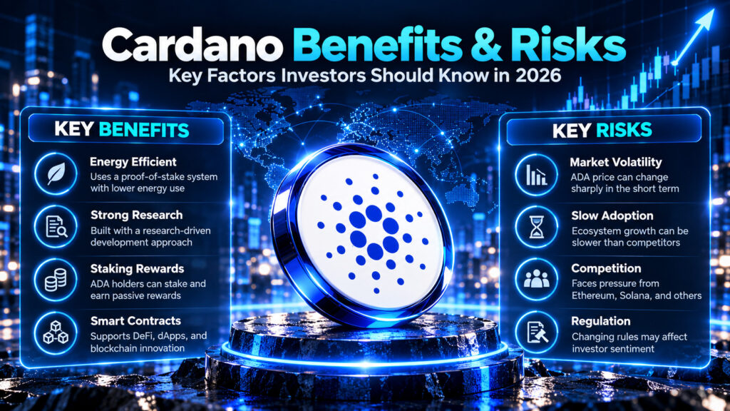 Cardano ADA benefits and risks including staking smart contracts and market challenges
