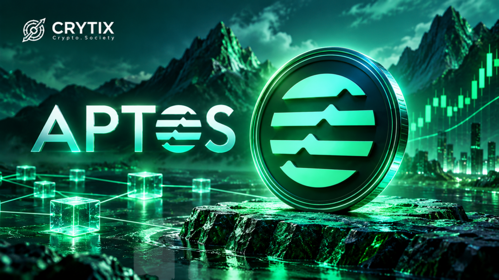 Aptos cryptocurrency coin with token stacks and financial graphics representing staking and future outlook.