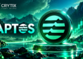 Aptos cryptocurrency coin in a futuristic green blockchain landscape with CRYTIX branding.