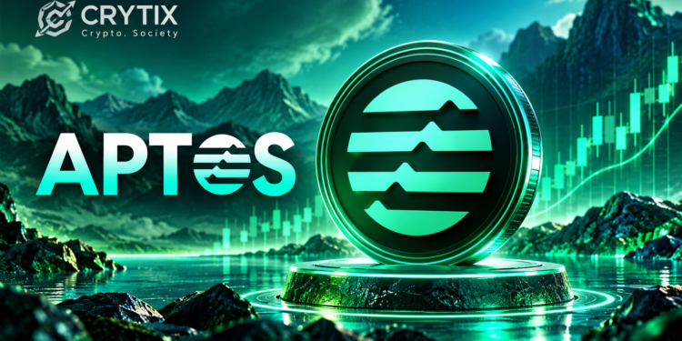 Aptos cryptocurrency coin in a futuristic green blockchain landscape with CRYTIX branding.