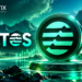 Aptos cryptocurrency coin in a futuristic green blockchain landscape with CRYTIX branding.