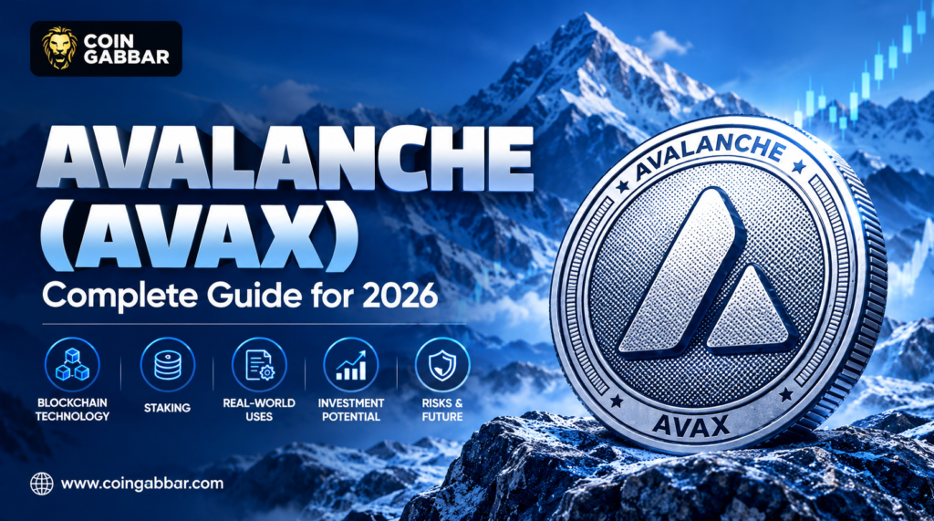 Avalanche AVAX cryptocurrency coin with market charts and blockchain network graphics.