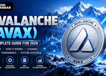 Avalanche AVAX silver cryptocurrency coin with blockchain technology and mountain background.