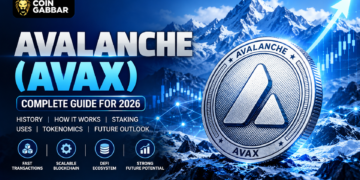 Avalanche AVAX silver cryptocurrency coin with blockchain technology and mountain background.