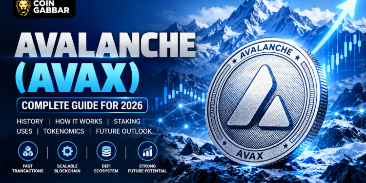Avalanche AVAX silver cryptocurrency coin with blockchain technology and mountain background.