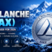Avalanche AVAX silver cryptocurrency coin with blockchain technology and mountain background.