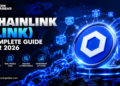 Chainlink LINK cryptocurrency coin with a blue blockchain network, digital world map and financial charts.