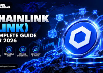Chainlink LINK cryptocurrency coin with a blue blockchain network, digital world map and financial charts.