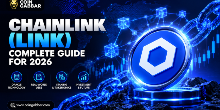Chainlink LINK cryptocurrency coin with a blue blockchain network, digital world map and financial charts.