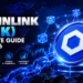 Chainlink LINK cryptocurrency coin with a blue blockchain network, digital world map and financial charts.