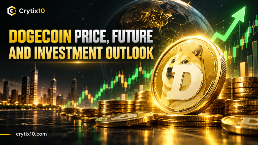 Dogecoin cryptocurrency with the Shiba Inu mascot, gold DOGE coin and global blockchain network.