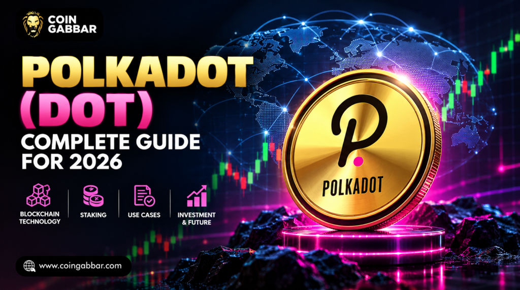 Polkadot DOT coin connected to digital blockchain nodes representing parachains and interoperability.