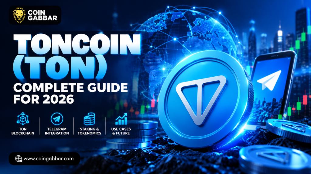 Glowing blue Toncoin cryptocurrency coin with financial charts, Telegram and a futuristic digital network.