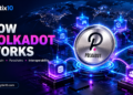 Gold Polkadot DOT cryptocurrency coin with global blockchain network and crypto trading charts.