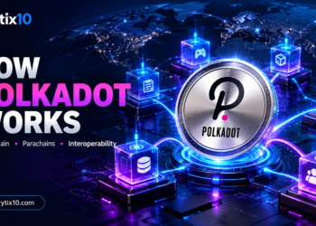 Gold Polkadot DOT cryptocurrency coin with global blockchain network and crypto trading charts.