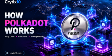 Gold Polkadot DOT cryptocurrency coin with global blockchain network and crypto trading charts.