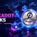 Gold Polkadot DOT cryptocurrency coin with global blockchain network and crypto trading charts.