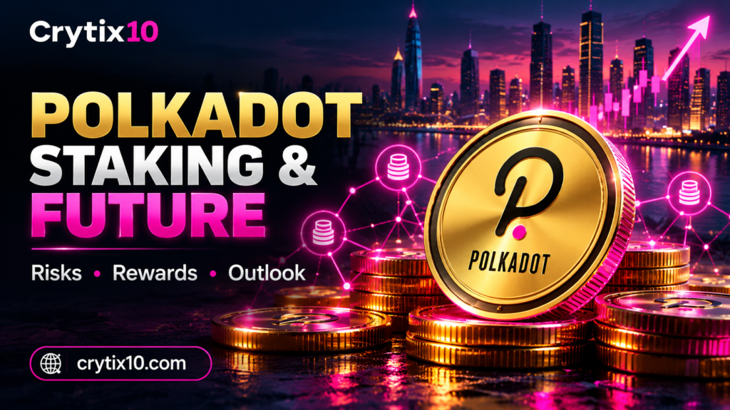 Gold Polkadot DOT cryptocurrency coin with staking symbols, digital market graphics and futuristic skyline.