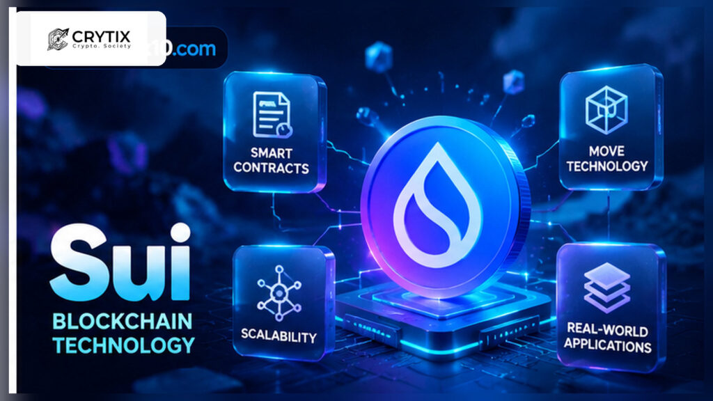 Sui blockchain technology illustration featuring the Sui coin and glowing digital network connections.