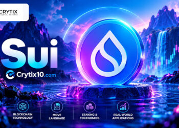 Sui cryptocurrency coin displayed in a blue and purple digital landscape with the CRYTIX logo.