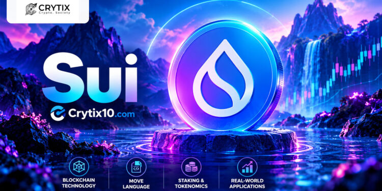 Sui cryptocurrency coin displayed in a blue and purple digital landscape with the CRYTIX logo.