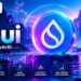 Sui cryptocurrency coin displayed in a blue and purple digital landscape with the CRYTIX logo.