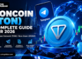 Blue Toncoin cryptocurrency coin with Telegram integration, blockchain network and digital market graphics.