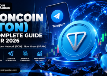 Blue Toncoin cryptocurrency coin with Telegram integration, blockchain network and digital market graphics.