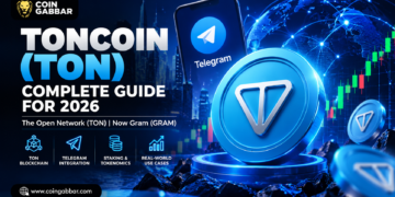 Blue Toncoin cryptocurrency coin with Telegram integration, blockchain network and digital market graphics.