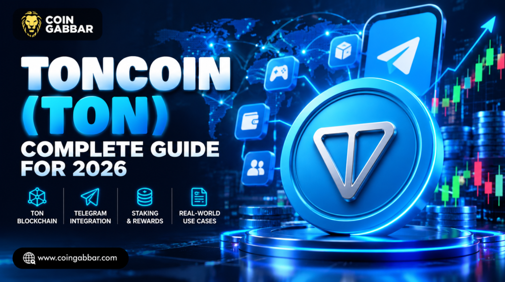 Toncoin digital currency with blockchain network connections, Telegram integration and Web3 application symbols.