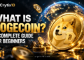 Gold Dogecoin DOGE cryptocurrency coin with mining machinery illustrating Dogecoin supply and blockchain mining.