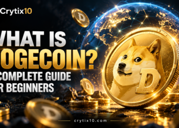 Gold Dogecoin DOGE cryptocurrency coin with mining machinery illustrating Dogecoin supply and blockchain mining.