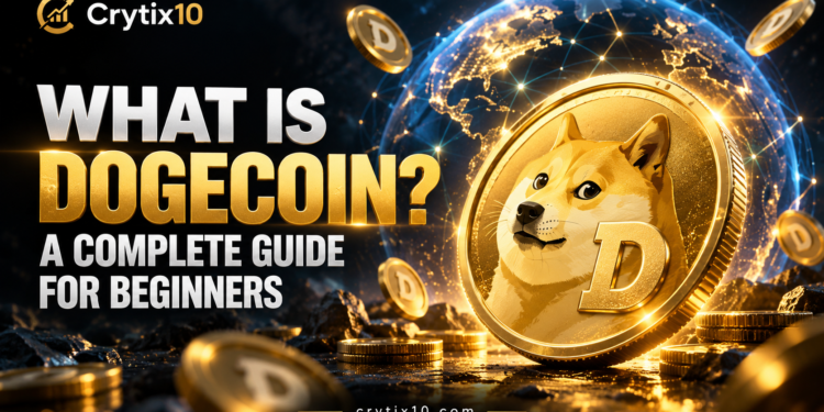 Gold Dogecoin DOGE cryptocurrency coin with mining machinery illustrating Dogecoin supply and blockchain mining.